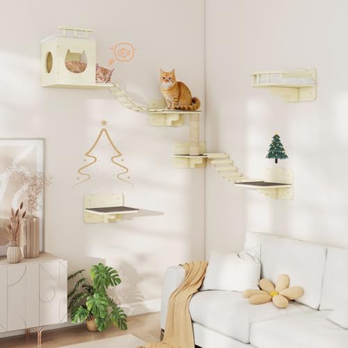 Wooden Wall-Mounted Cat Shelves with Scratching Post E741874