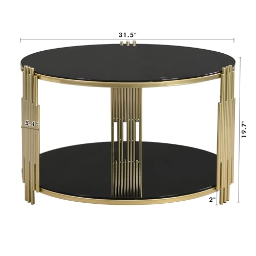 Black Round Coffee Table with Tempered Glass Tabletop and Metal Drum Base K820