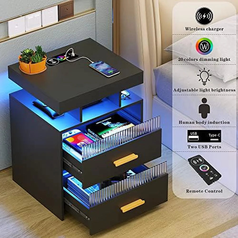 Gray Set of 2 Nightstands with 2 Drawers & LED Lights B776838