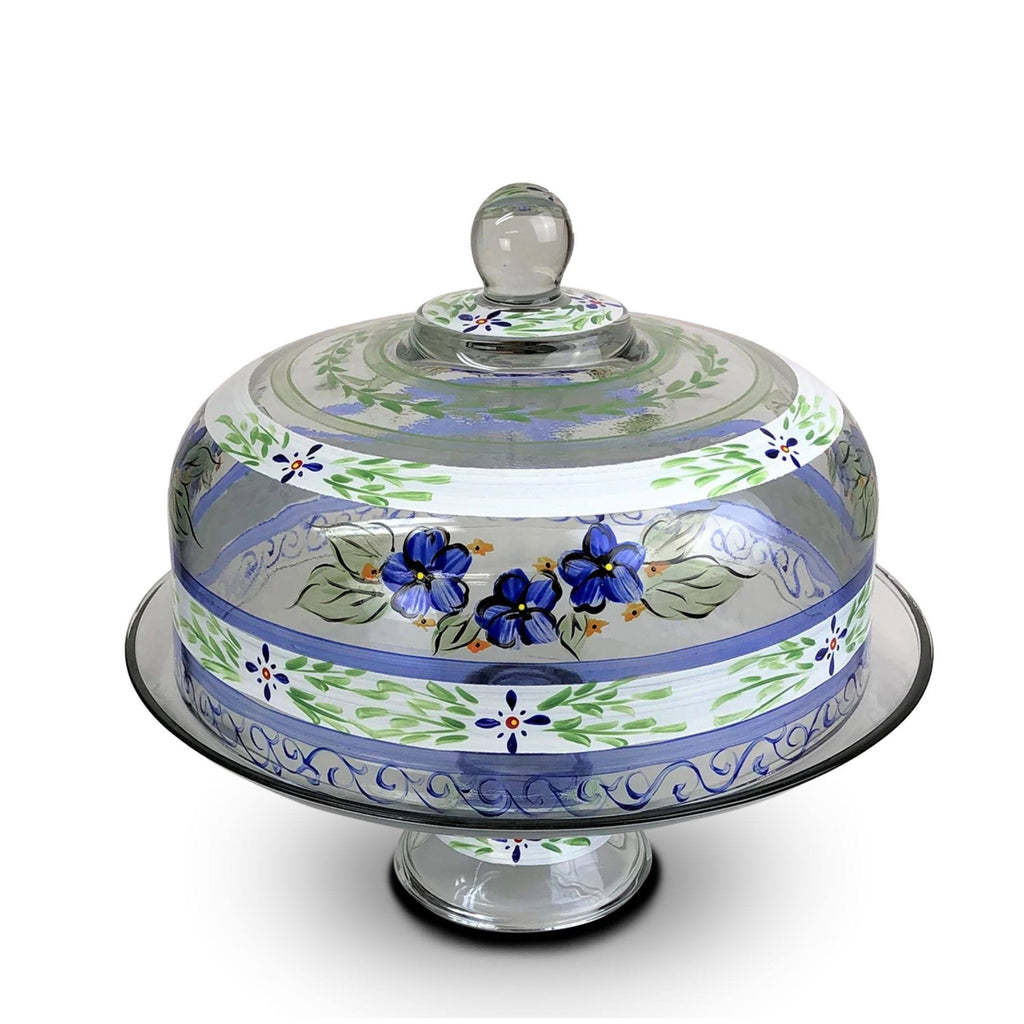 Blue Floral Hand Painted Glass Large Cake Dome W260837