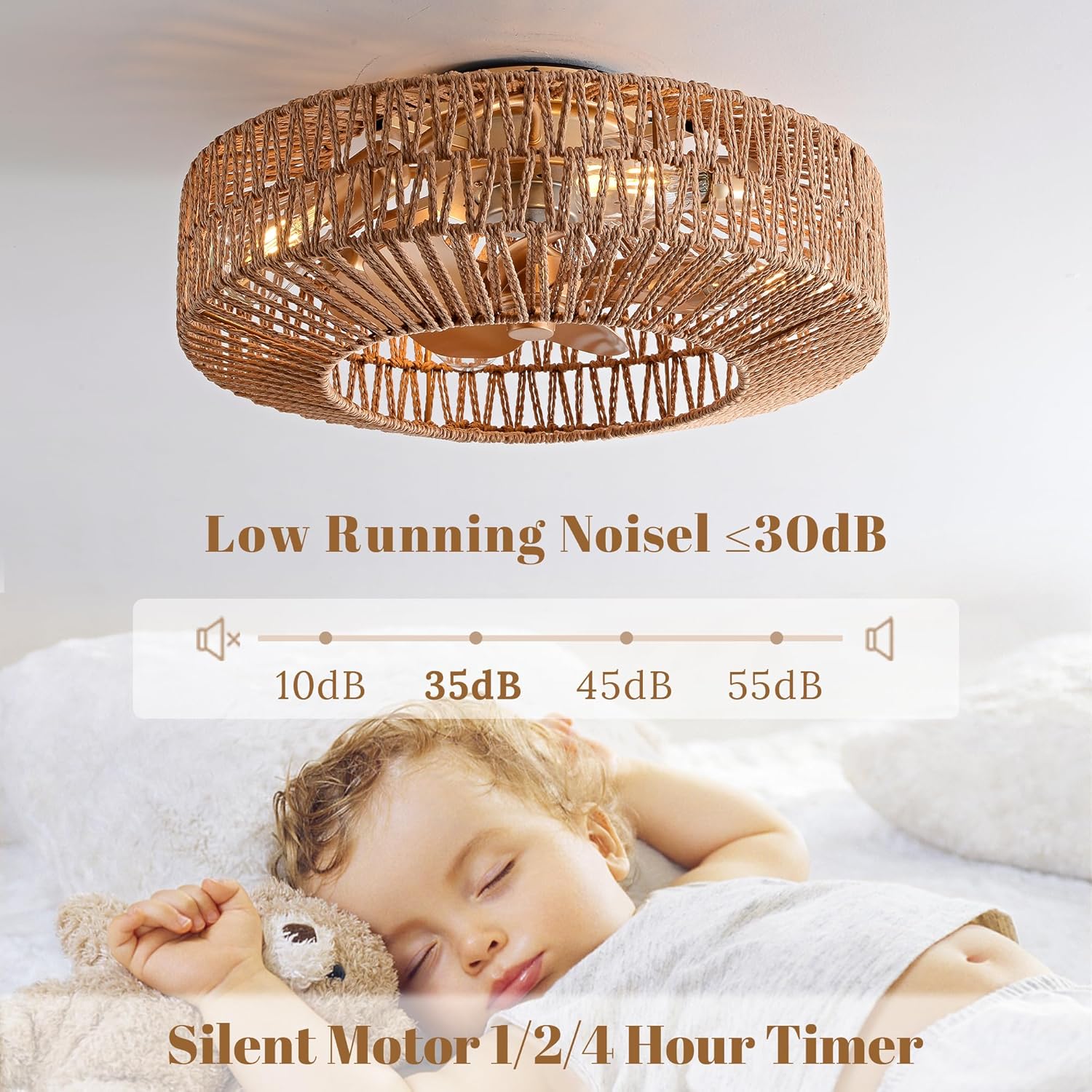 20" Rattan Ceiling Fan with Lights and Remote Control A5909