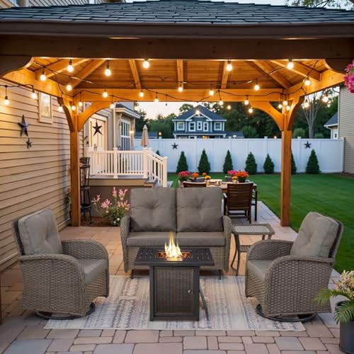 Outdoor Swivel Rocking Chairs Set of 2 with Rattan Side Table Brown/Blue K182850