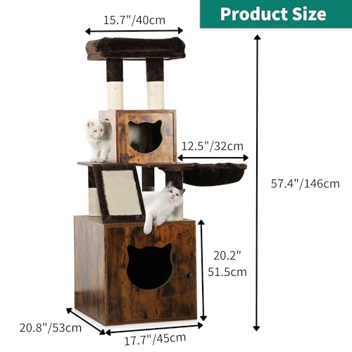 Brown Wooden Cat Tree with Litter Box Enclosure S948