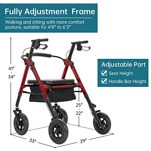 Heavy Duty All-Terrain Rollator Walker with Extra Wide Padded Seat and Backrest, 10" Non-Pneumatic Wheels, Red T1754