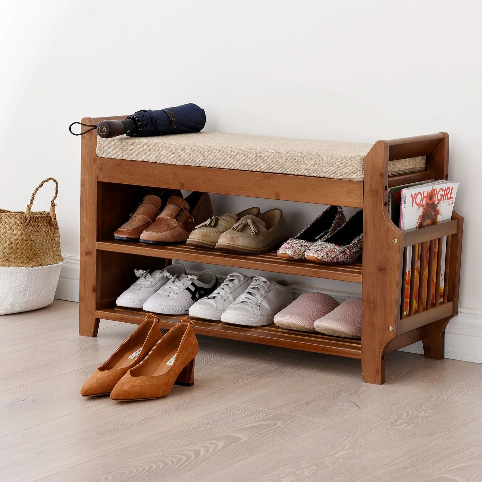 2 Tier Bamboo Shoe Rack Bench with Soft Seat C776300