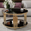 Black Round Coffee Table with Tempered Glass Tabletop and Metal Drum Base K820