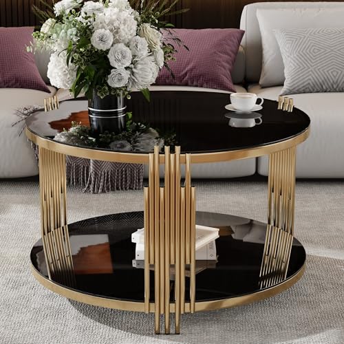Black Round Coffee Table with Tempered Glass Tabletop and Metal Drum Base K820
