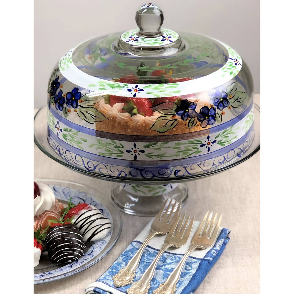 Blue Floral Hand Painted Glass Large Cake Dome W260837