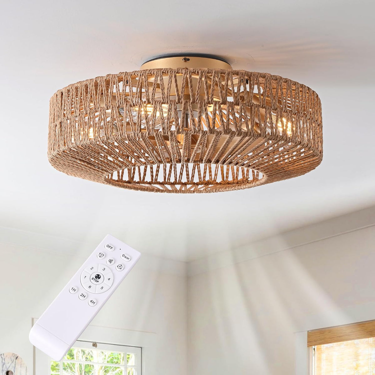 20" Rattan Ceiling Fan with Lights and Remote Control A5909