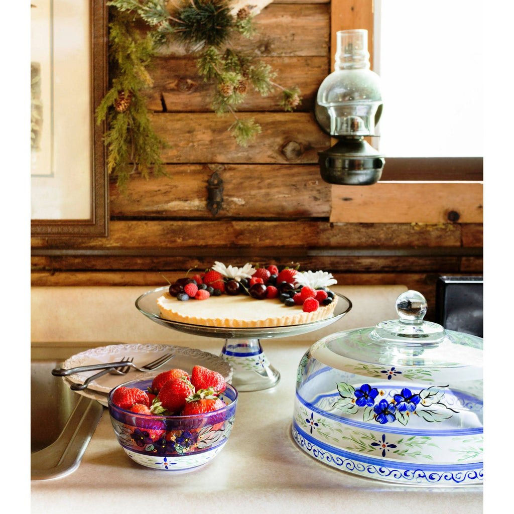 Blue Floral Hand Painted Glass Large Cake Dome W260837