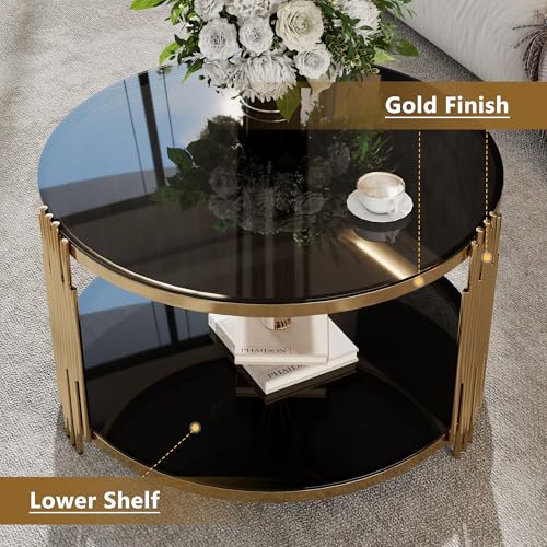 Black Round Coffee Table with Tempered Glass Tabletop and Metal Drum Base K820