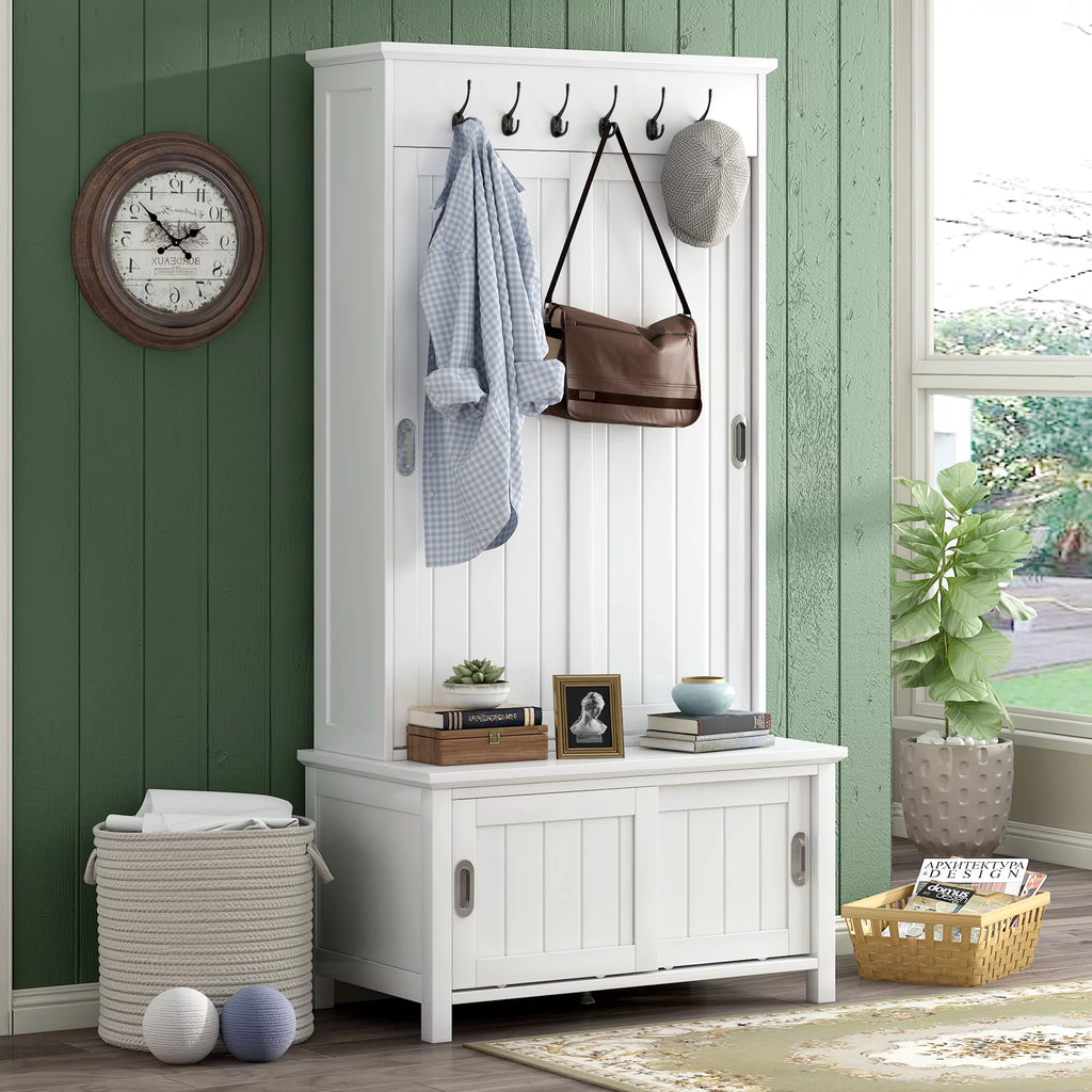 White Wooden Hall Tree with Sliding Doors and Storage Bench A939787