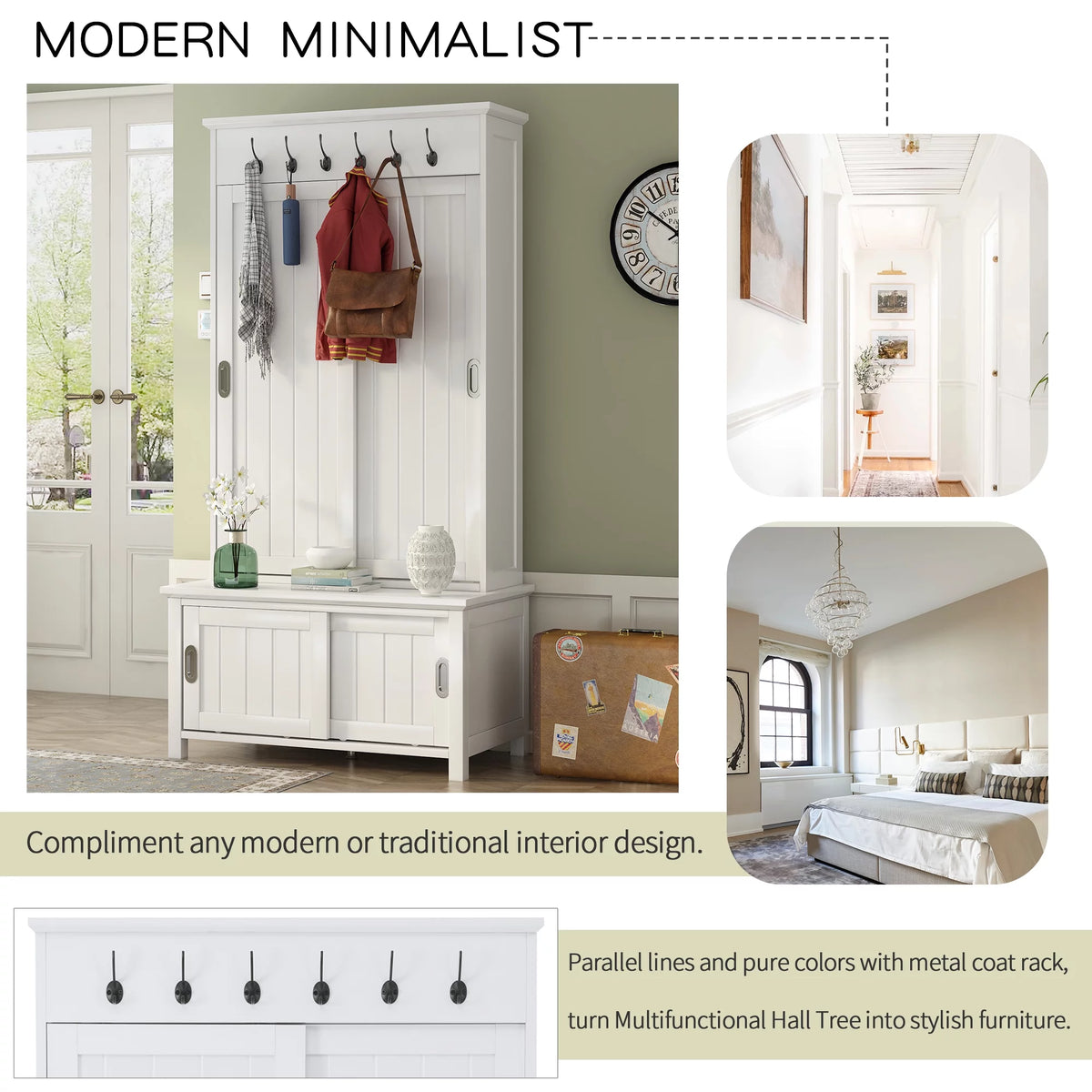 White Wooden Hall Tree with Sliding Doors and Storage Bench A939787