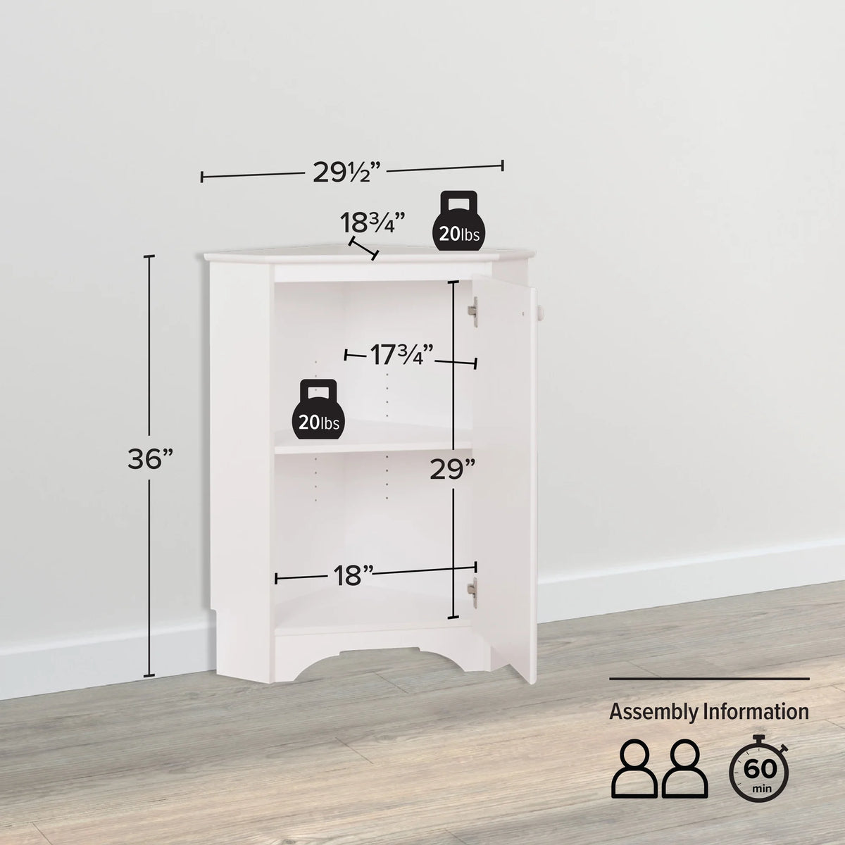White Corner Storage Cabinet with Doors 29.25" W x 36" H F4475