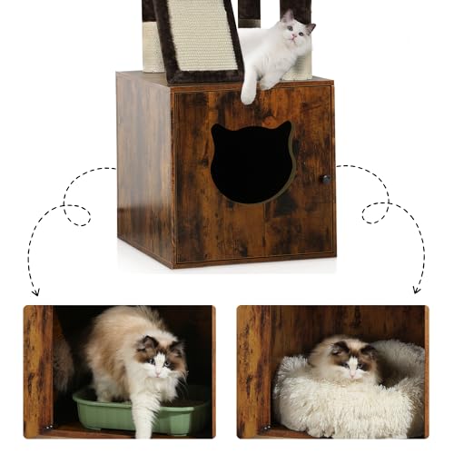 Brown Wooden Cat Tree with Litter Box Enclosure S948