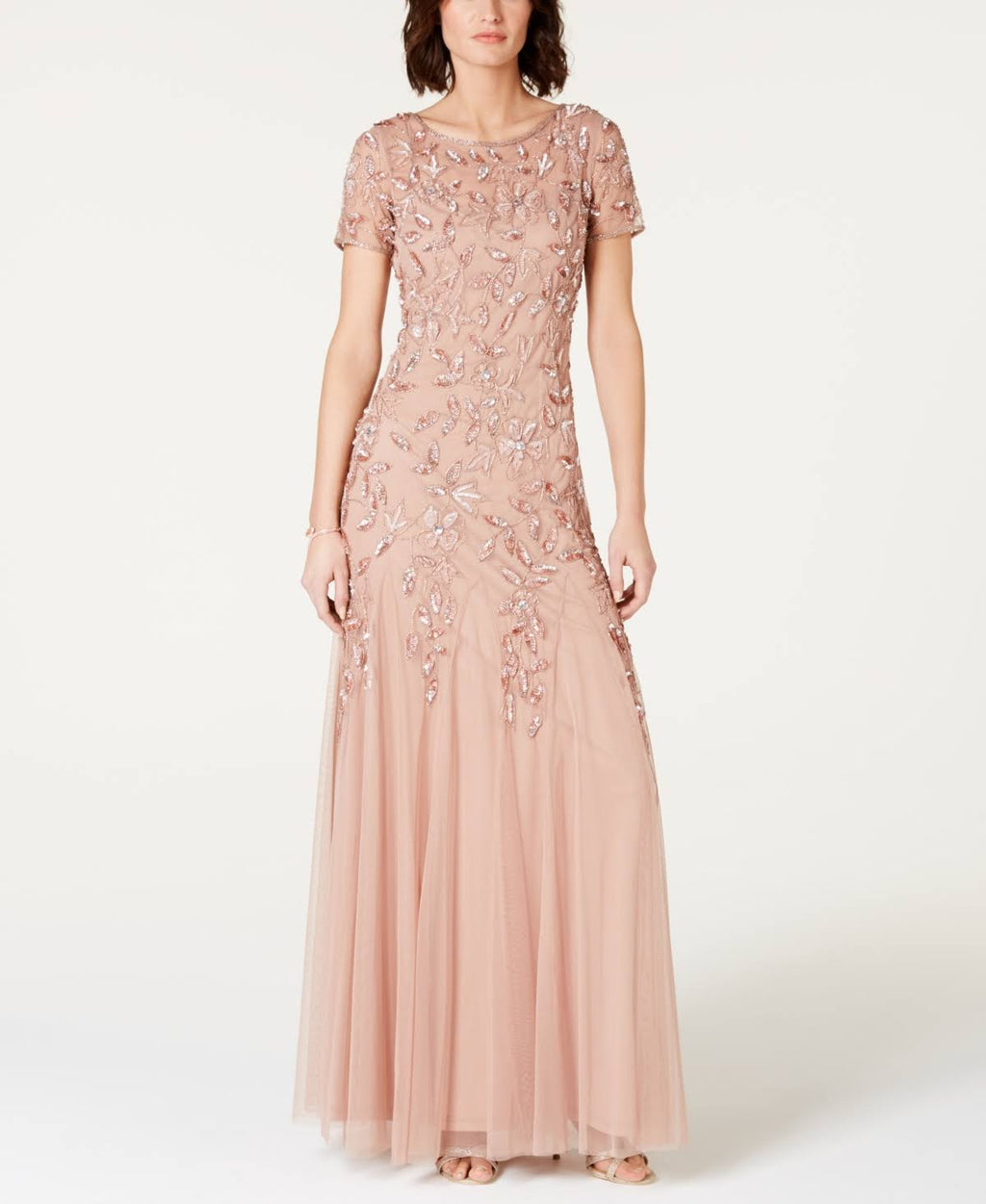 Floral-Beaded Gown - Rose Gold E853579