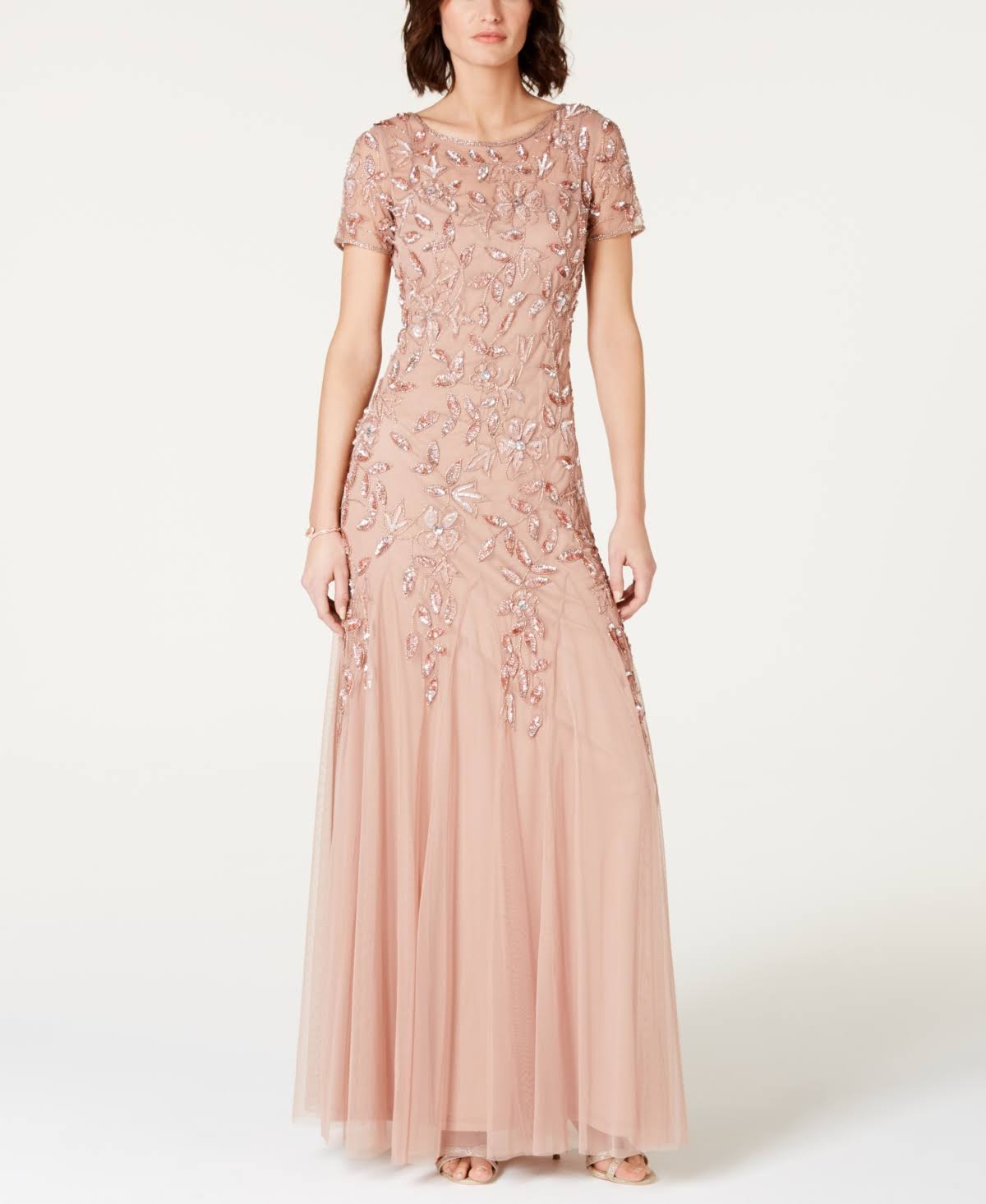 Floral-Beaded Gown - Rose Gold E853579