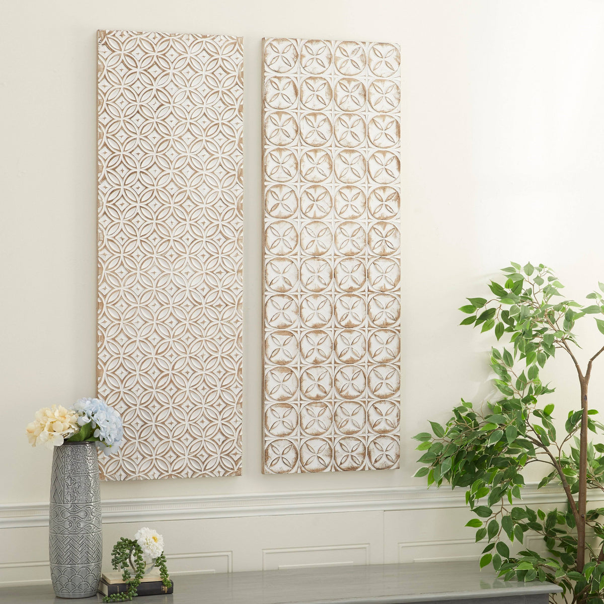 Rectangular White and Beige Wood Wall Decor 16 in. x 48 in. Z420376