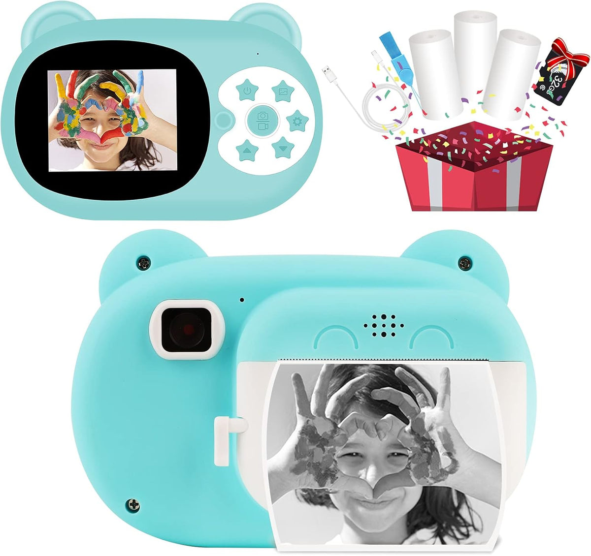 Pink Zero Ink Kids Digital Camera with 3 Rolls Print Paper 32GB SD Card Q376655