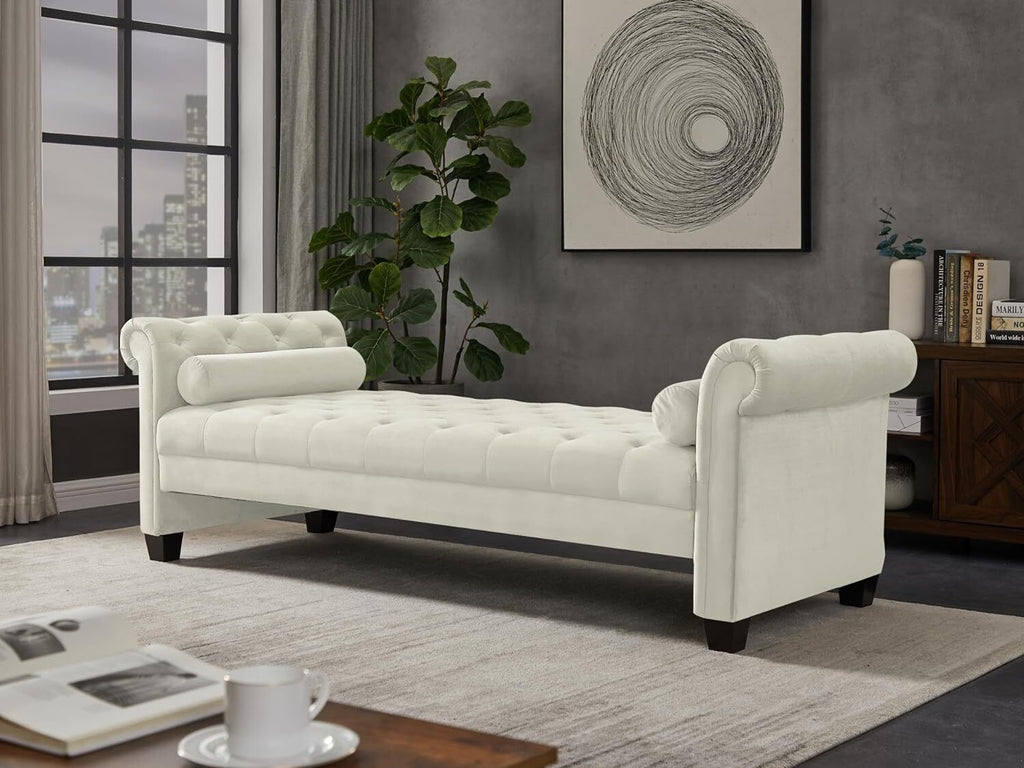 Ivory Velvet Upholstered Bench with 2 Pillows I52952