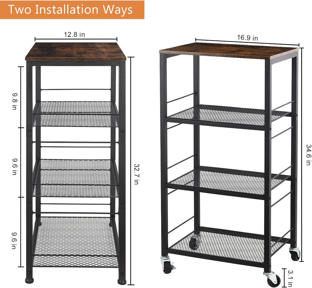 Rustic Brown 4-Tier Rolling Utility Cart with Storage Shelves V9066