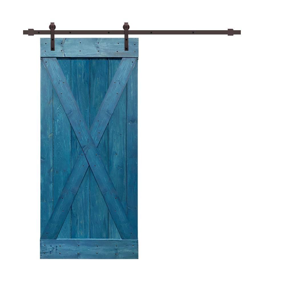 Ocean Blue Stained Wood Interior Sliding Barn Door with Hardware Kit G8572