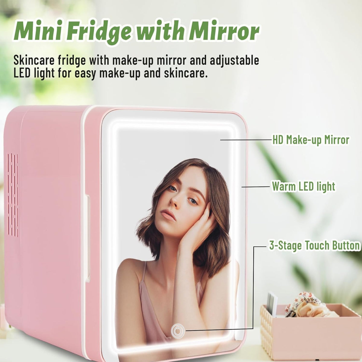 Pink 4 Liter Portable Cosmetic Fridge with Makeup Mirror D564