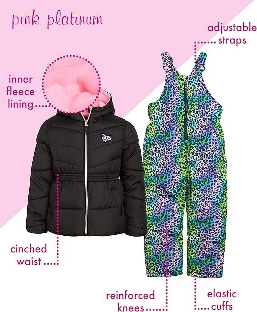 Pink 2 Piece Insulated Snowsuit Ski Jacket and Snow Bib S929