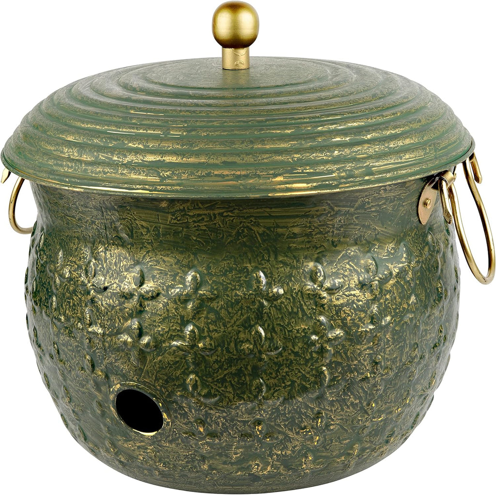 Copper Garden Hose Holder Storage Pot with Lid Antique Green Finish Lattice Steel K50733