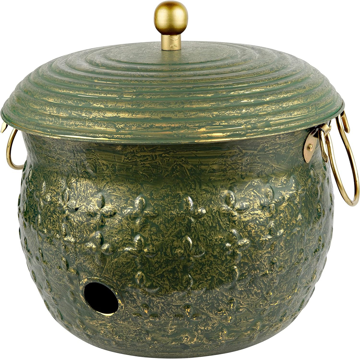 Copper Garden Hose Holder Storage Pot with Lid Antique Green Finish Lattice Steel K50733