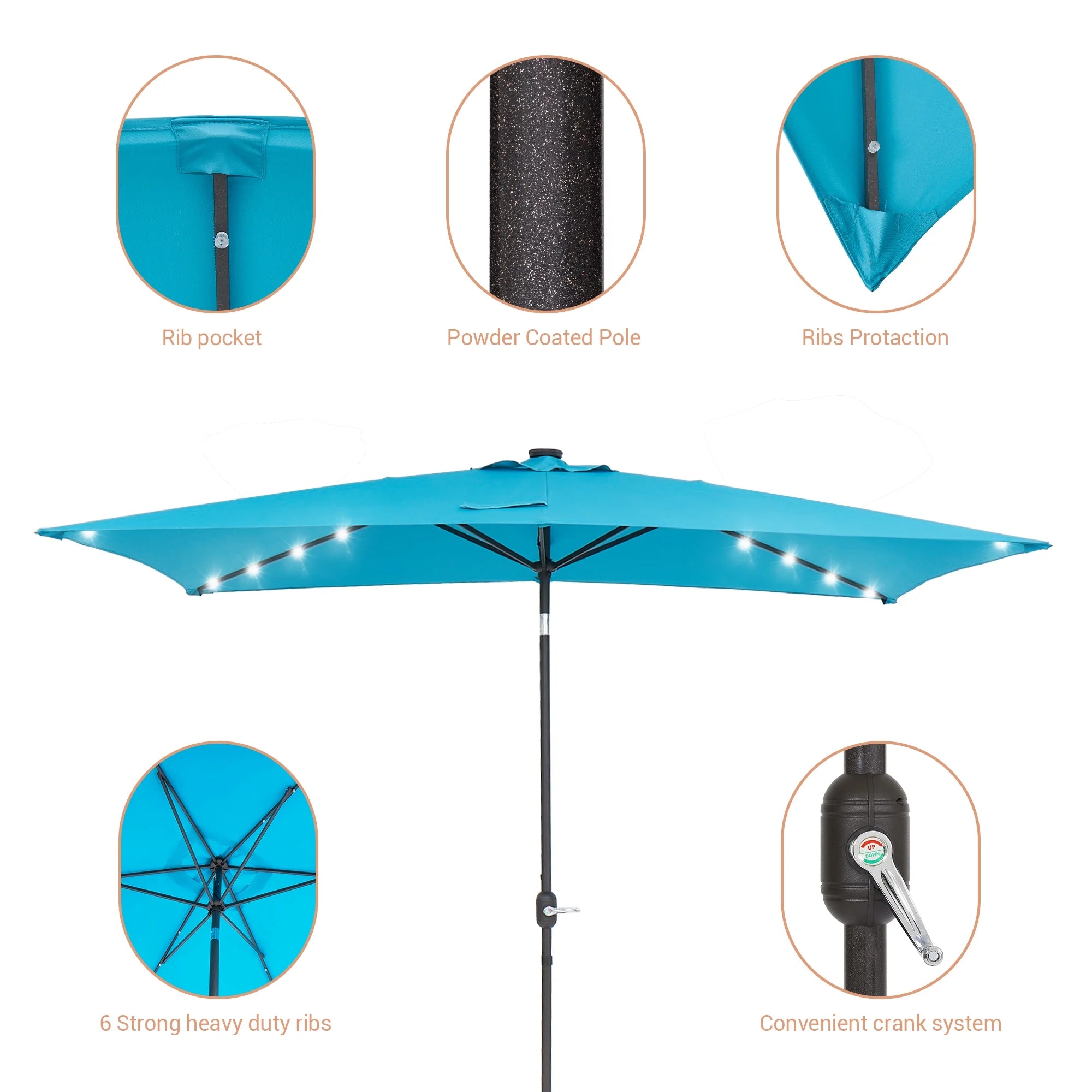 10 x 6.5ft LED Rectangle Outdoor Patio Umbrella with Polyester Canopy, Lake Blue R7538