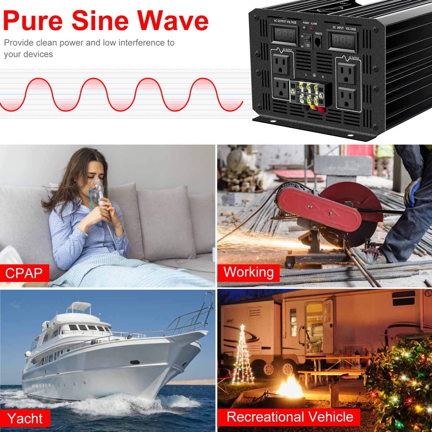 1500W Pure Sine Wave Power Inverter DC 12V AC 120V V1111