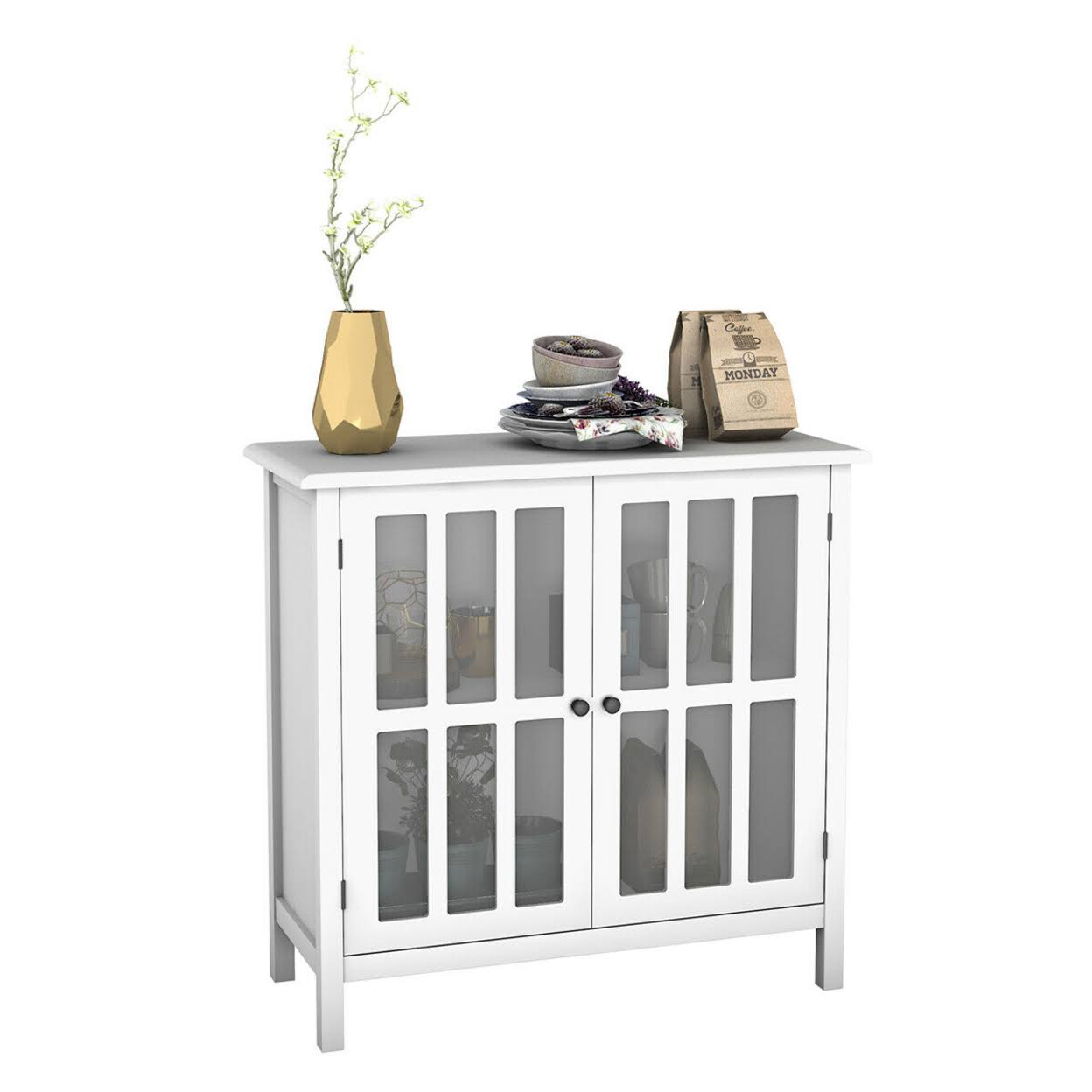 White Storage Buffet Cabinet with Glass Door Sideboard Console Table I1923