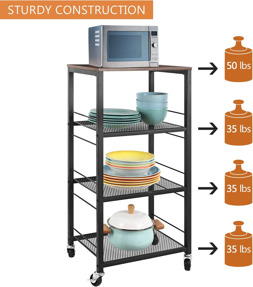 Rustic Brown 4-Tier Rolling Utility Cart with Storage Shelves V9066