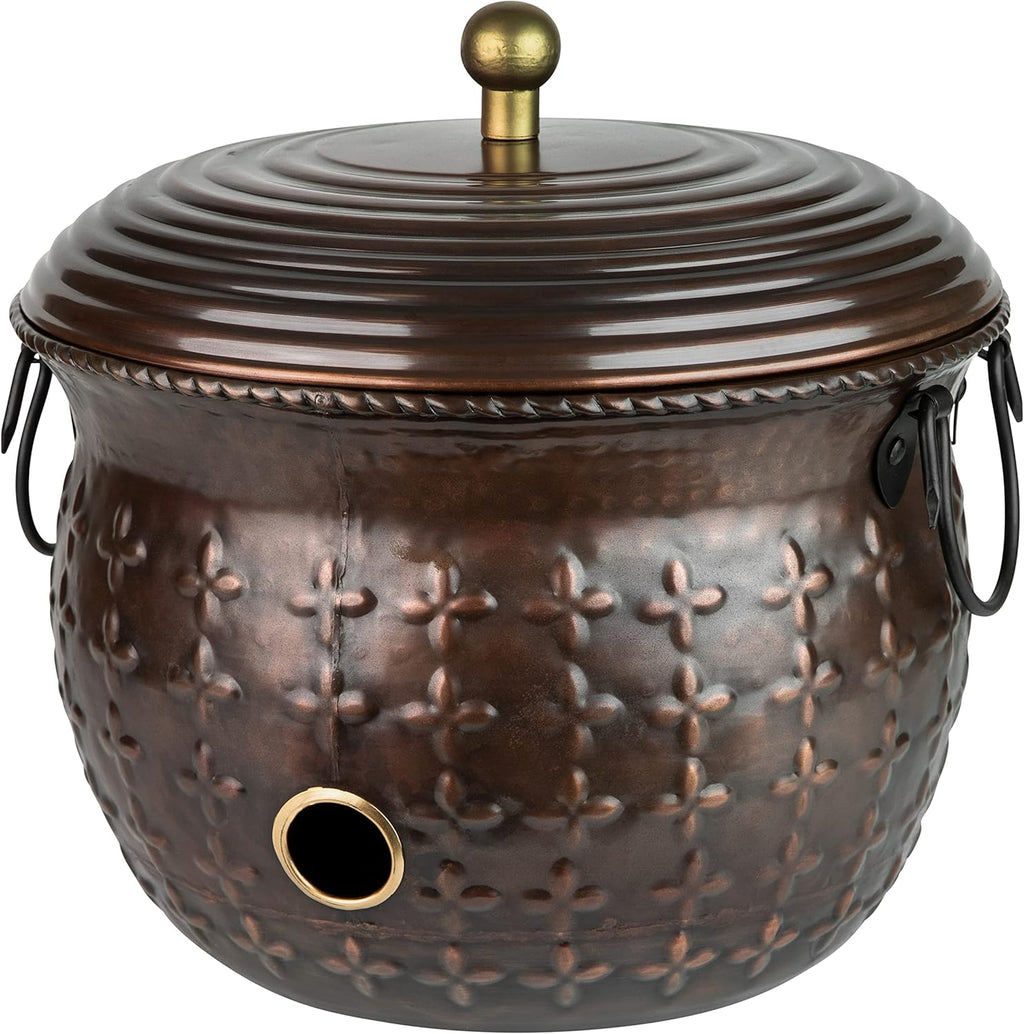 Copper Garden Hose Holder Storage Pot with Lid Antique Green Finish Lattice Steel K50733