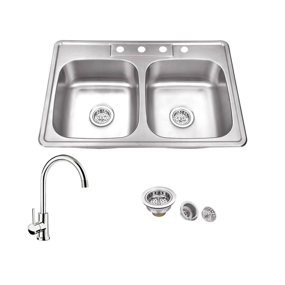 20 Gauge Stainless Steel Double Basin Drop-In Kitchen Sink with Gooseneck Faucet O9295