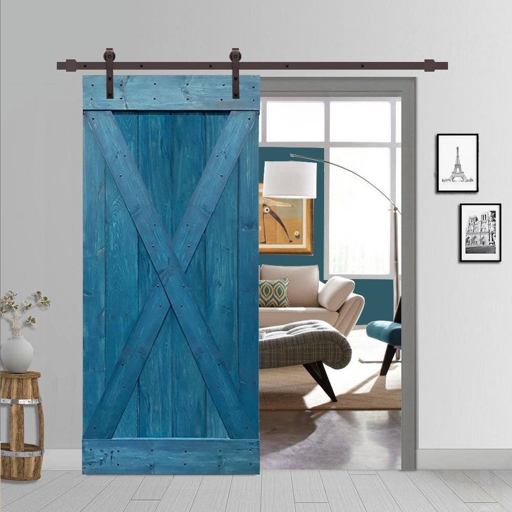 Ocean Blue Stained Wood Interior Sliding Barn Door with Hardware Kit G8572