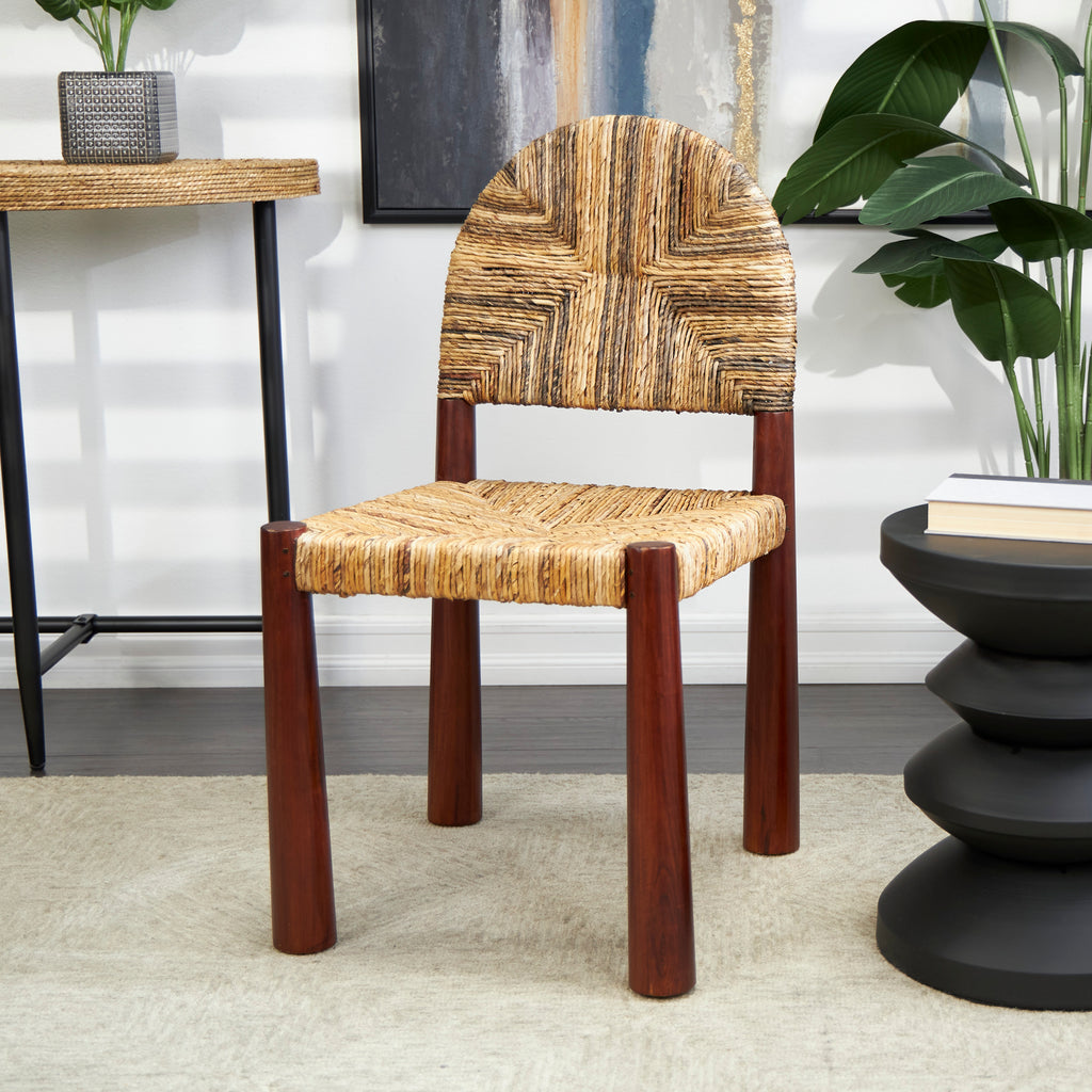 Light Brown Handmade Wood Lounge Chair with Woven Banana Leaf Seat, Set of 2 Q560827
