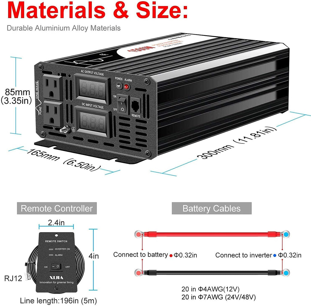 1500W Pure Sine Wave Power Inverter DC 12V AC 120V V1111