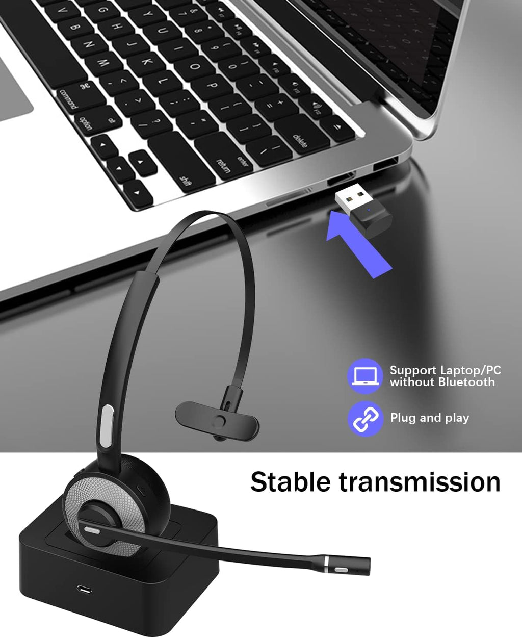 Bluetooth Headset with USB Dongle, Single-Ear Wireless Headset with Noise Cancelling Microphone Charging Base, Pack of 2 Y291