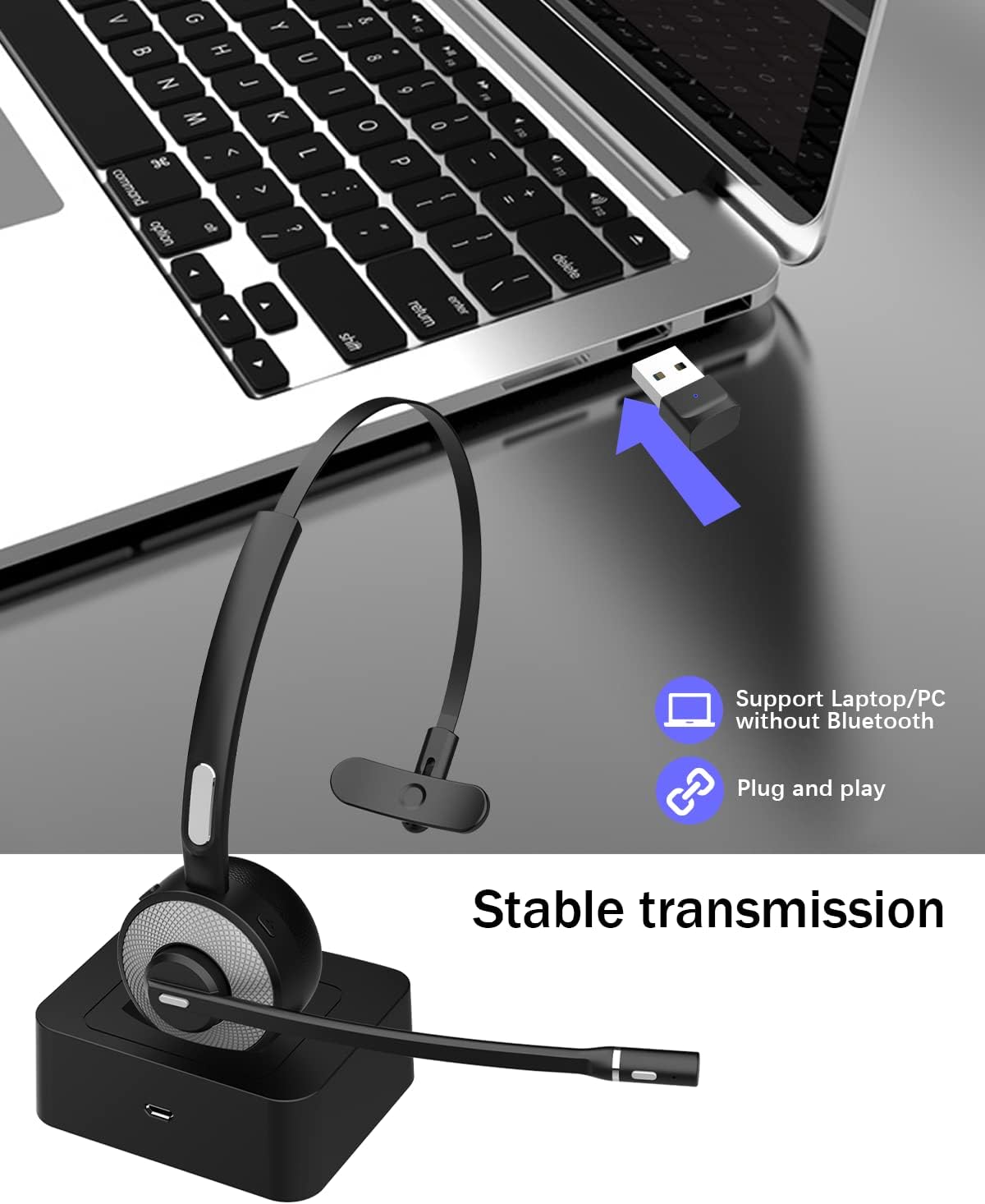 Bluetooth Headset with USB Dongle, Single-Ear Wireless Headset with Noise Cancelling Microphone Charging Base, Pack of 2 Y291