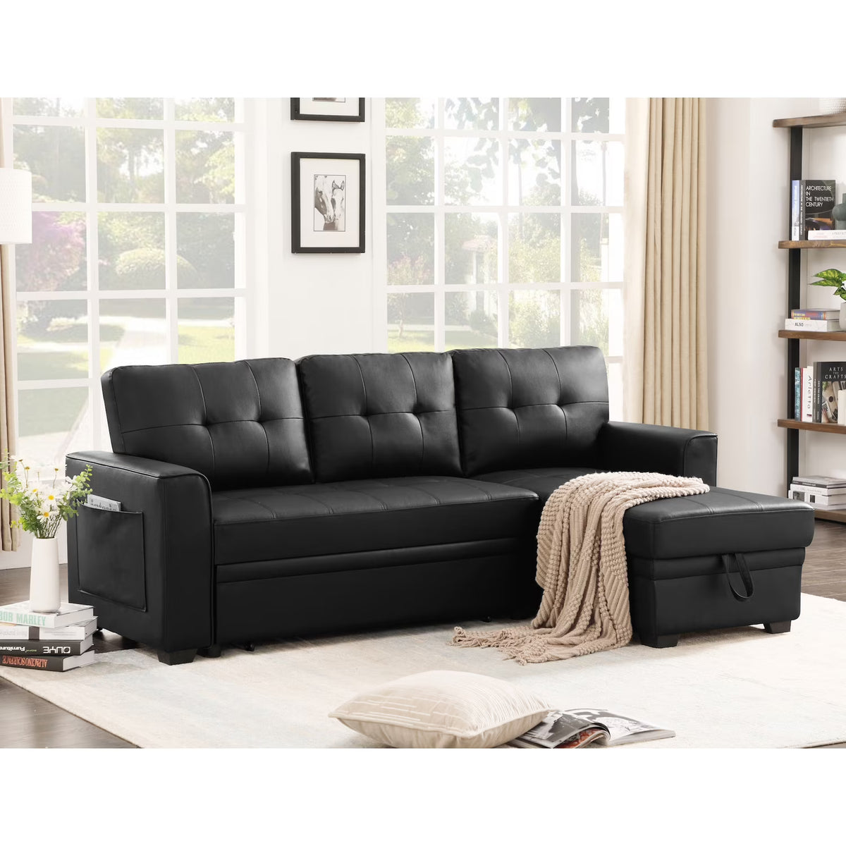 Black 84" Wide Sectional Sofa with Pull Out Sleeper Bed K820966