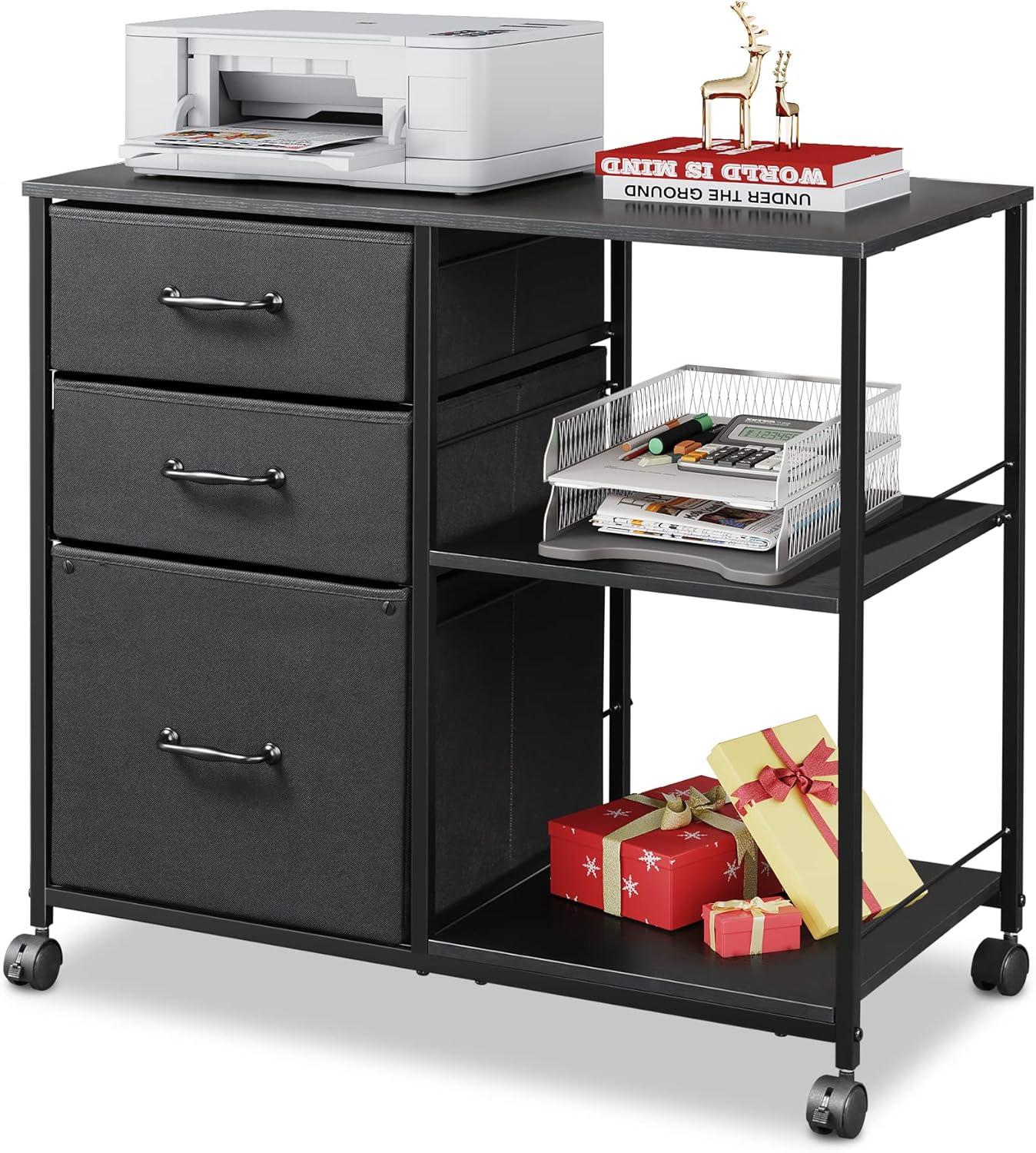 Black 3 Drawer Mobile File Cabinet with Open Storage Shelf E3101