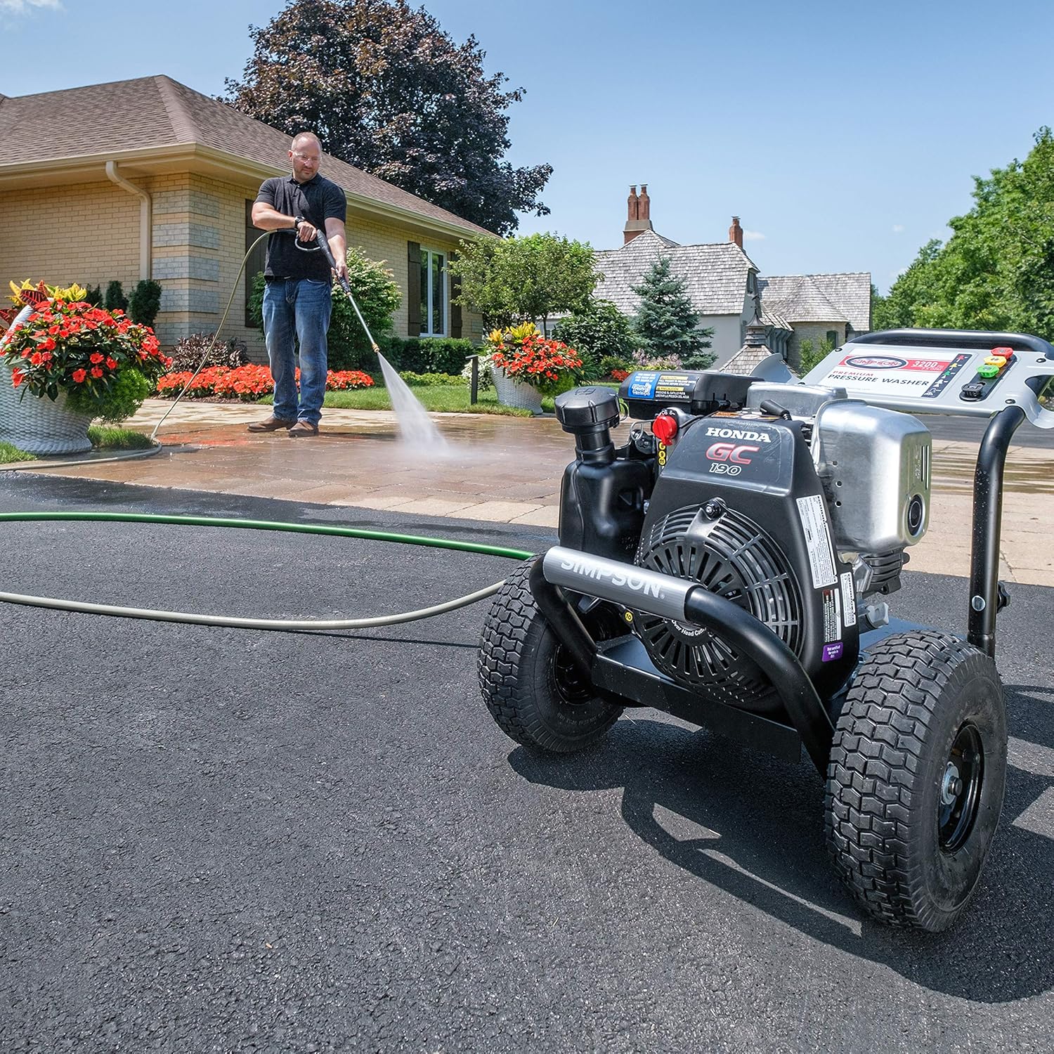 3200 PSI Gas Pressure Washer with Honda GC190, 2.5 GPM, 3/8" x 100' 4500 PSI Cold Water Hose K700