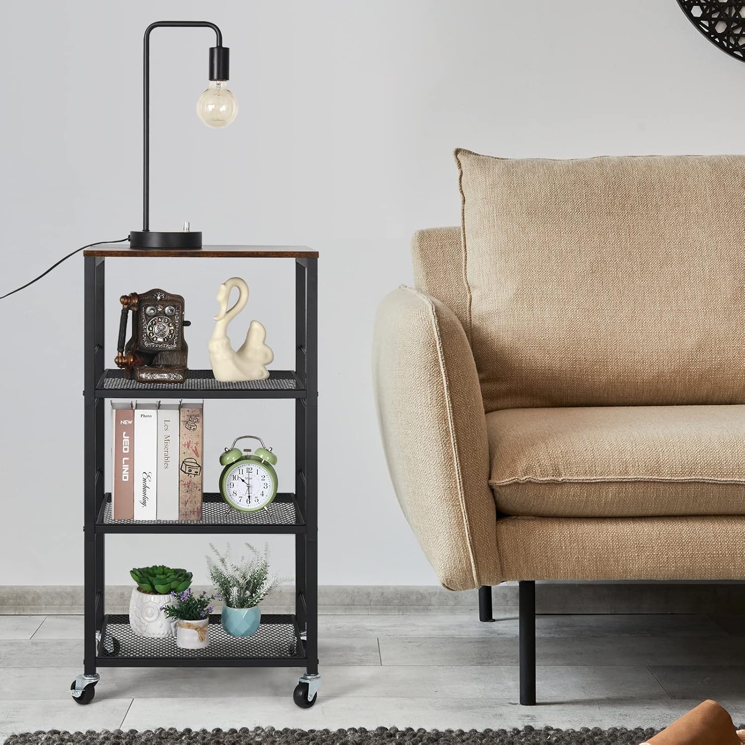 Rustic Brown 4-Tier Rolling Utility Cart with Storage Shelves V9066