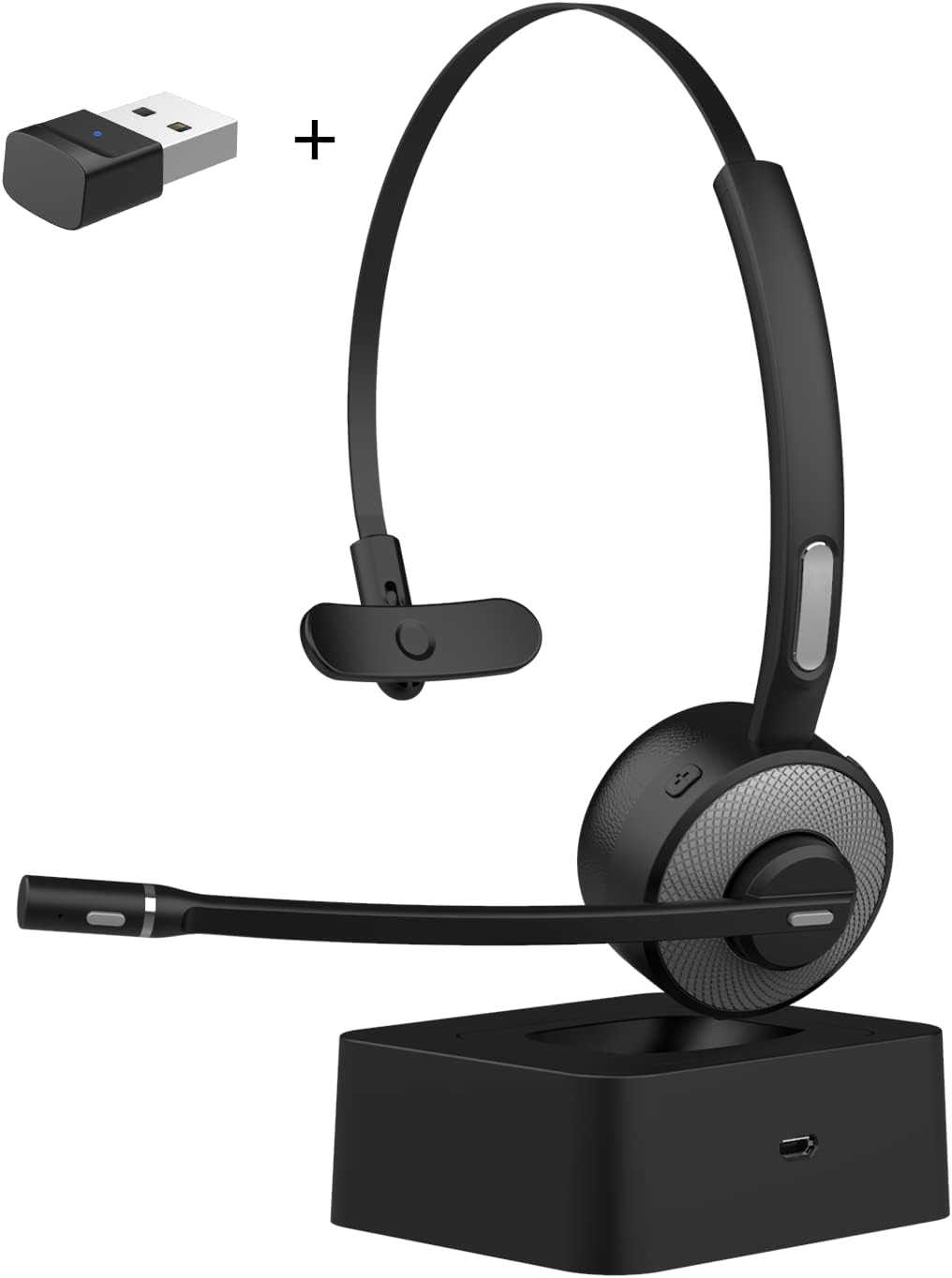 Bluetooth Headset with USB Dongle, Single-Ear Wireless Headset with Noise Cancelling Microphone Charging Base, Pack of 2 Y291