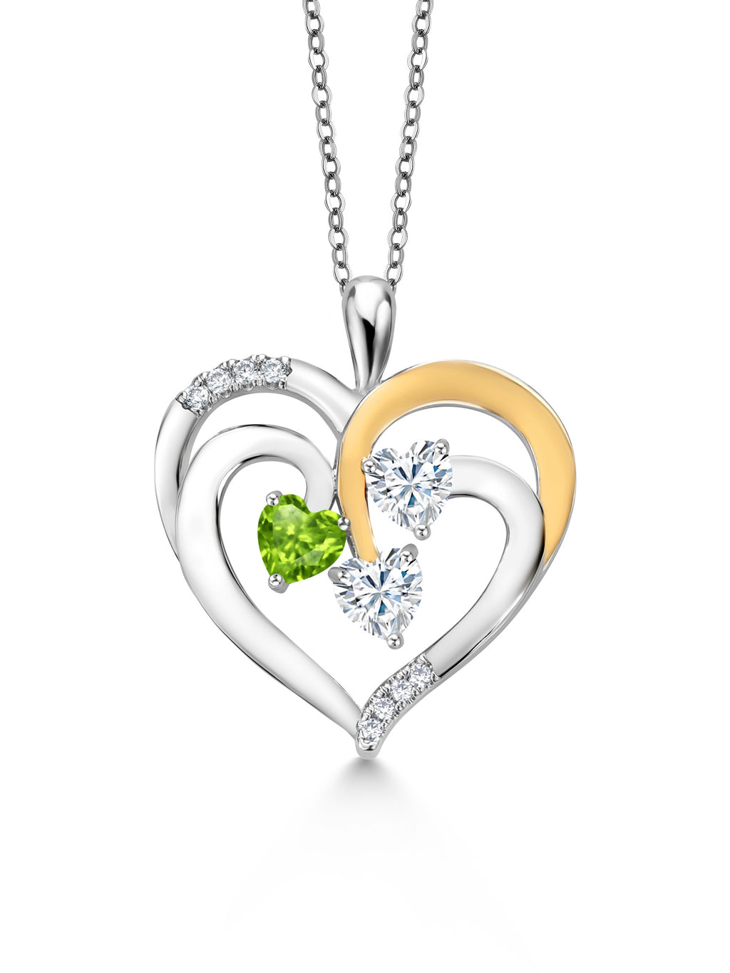 925 Two-Tone Sterling Silver Peridot and Moissanite Pendant Necklace, 1.34 Cttw, Heart Shape, 18 inch Chain Q502044