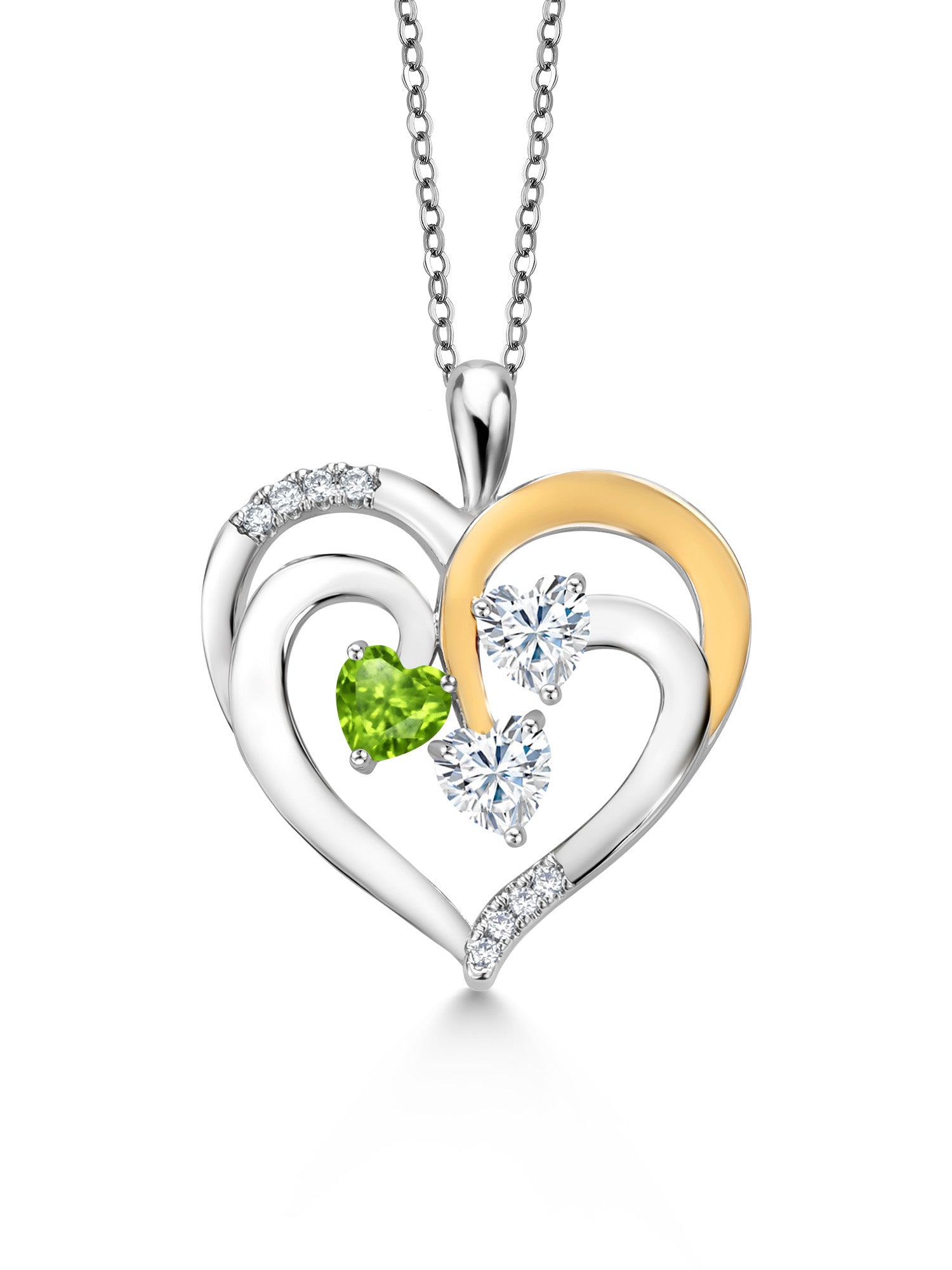 925 Two-Tone Sterling Silver Peridot and Moissanite Pendant Necklace, 1.34 Cttw, Heart Shape, 18 inch Chain Q502044