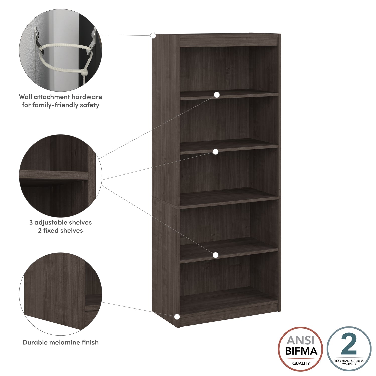 Medium Gray Maple 5-Shelf Engineered Wood Bookcase H89910