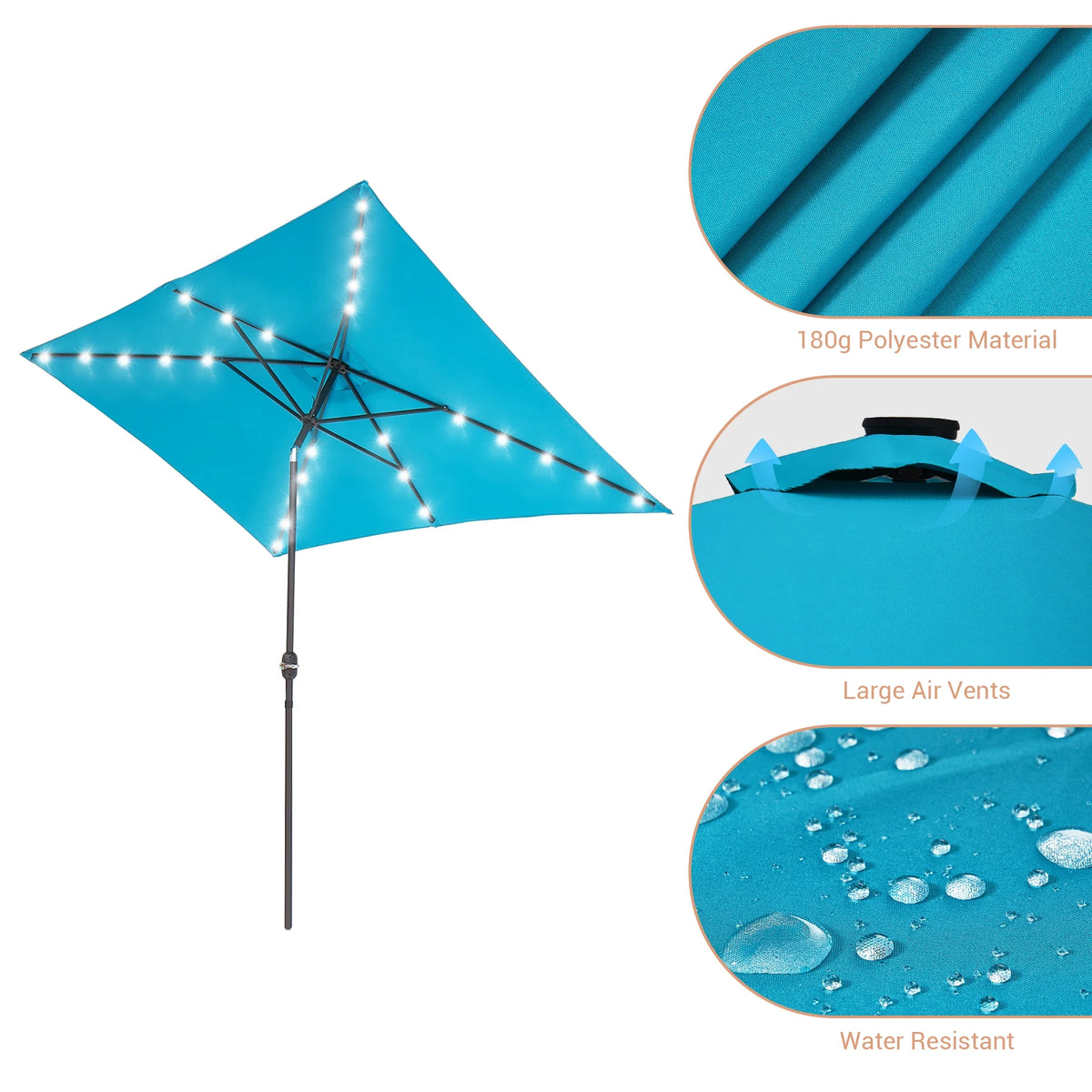10 x 6.5ft LED Rectangle Outdoor Patio Umbrella with Polyester Canopy, Lake Blue R7538